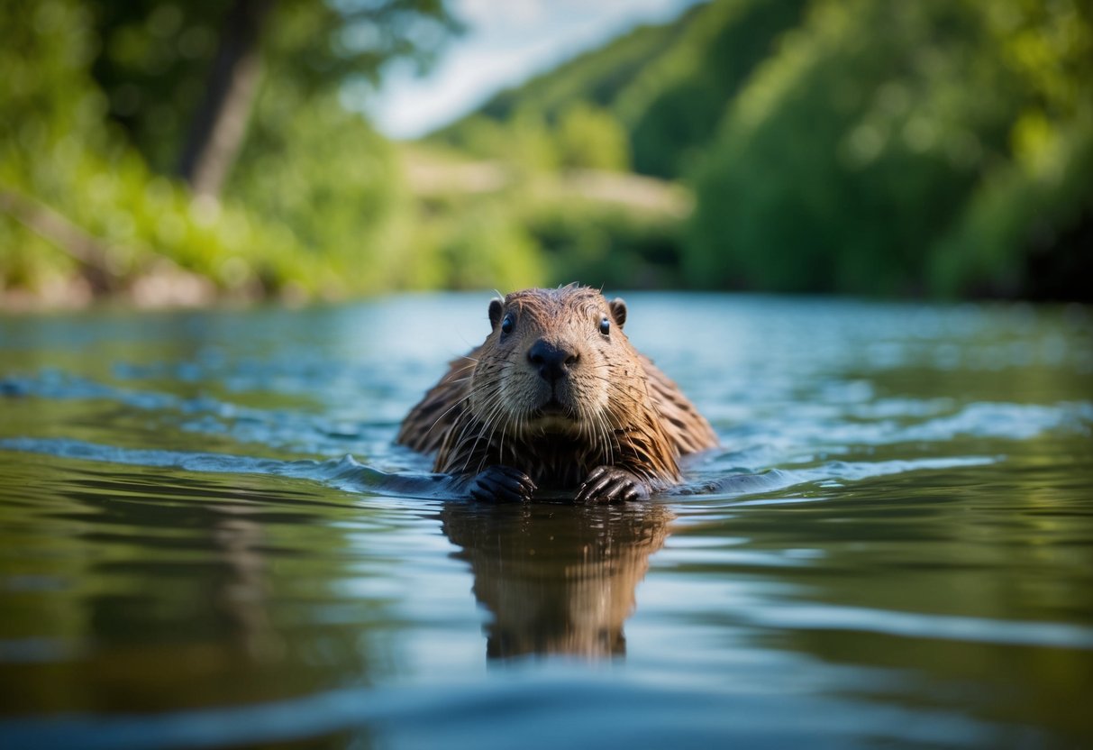 A beaver swimming in a tranquil river, surrounded by lush greenery and a quaint riverside setting