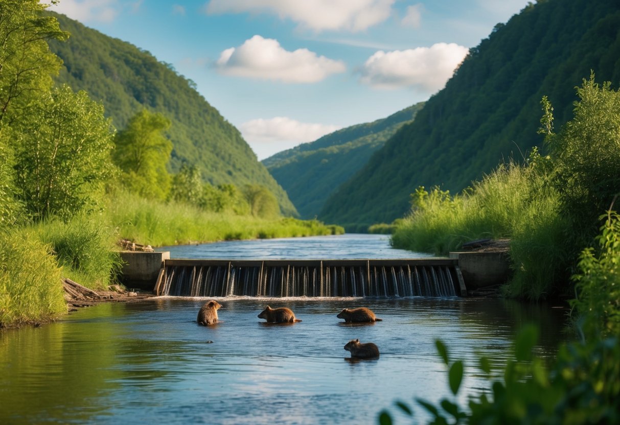 A tranquil river valley, lush with vegetation and teeming with wildlife. A family of beavers constructs a dam, altering the landscape