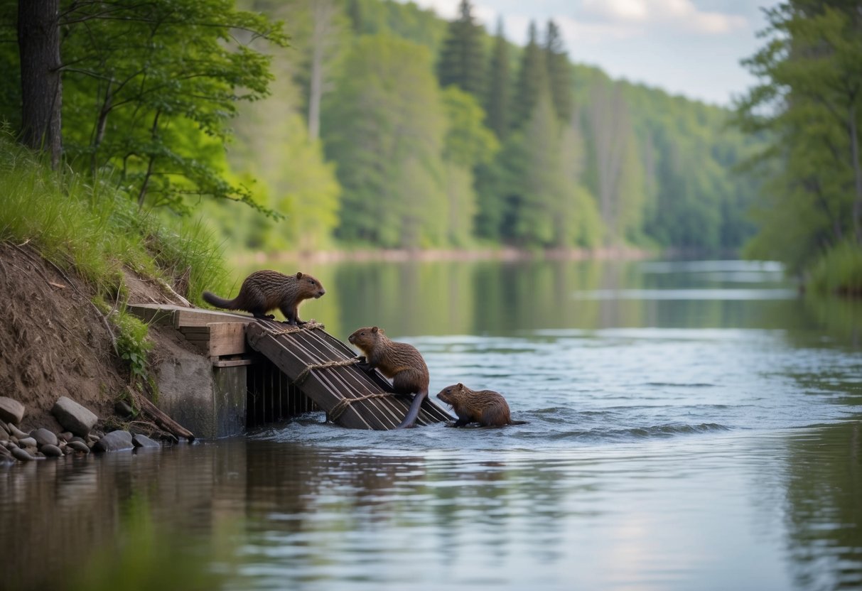 A beaver family building a dam along a calm river in a lush forest