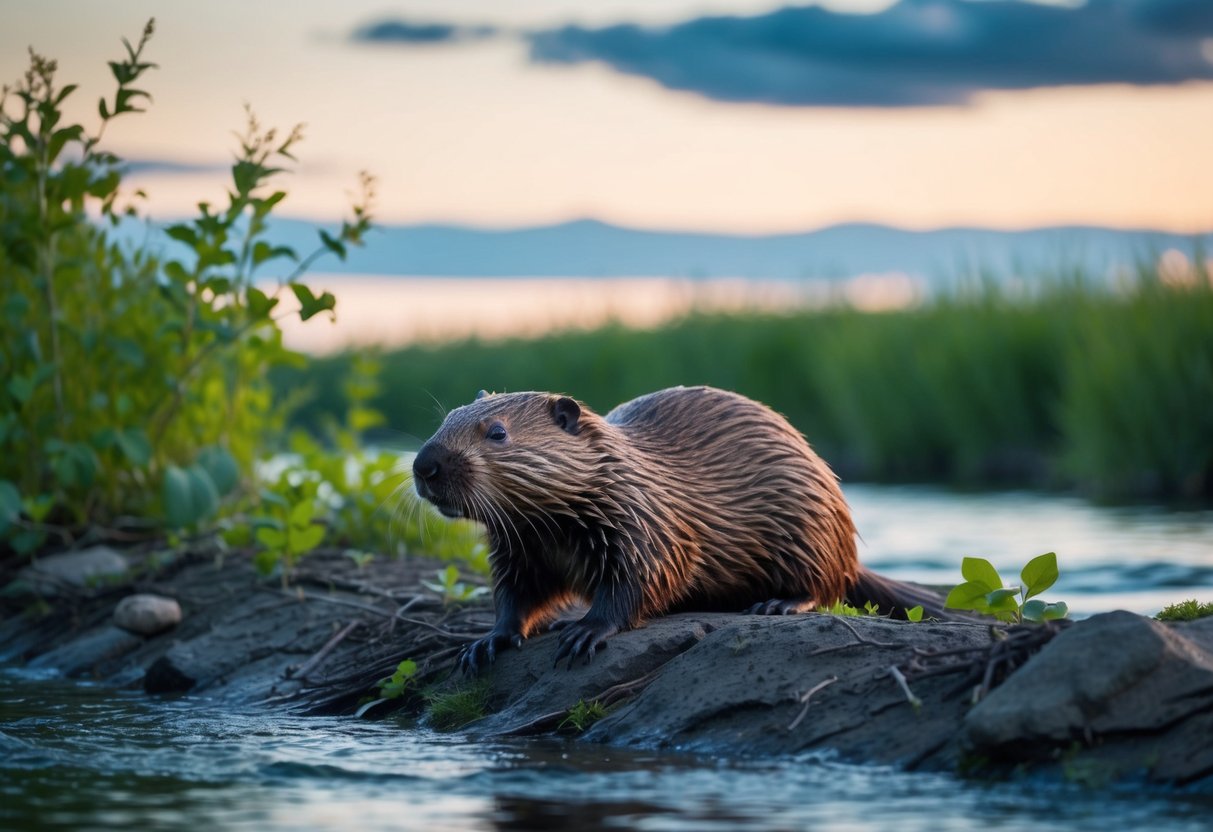 A beaver cautiously explores a riverbank at dusk, surrounded by lush green vegetation and the gentle flow of water