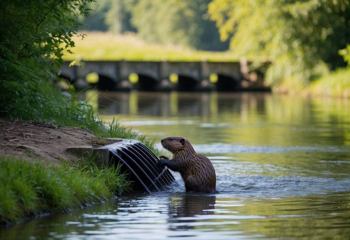 A beaver builds a dam in a serene UK river, surrounded by lush greenery and wildlife