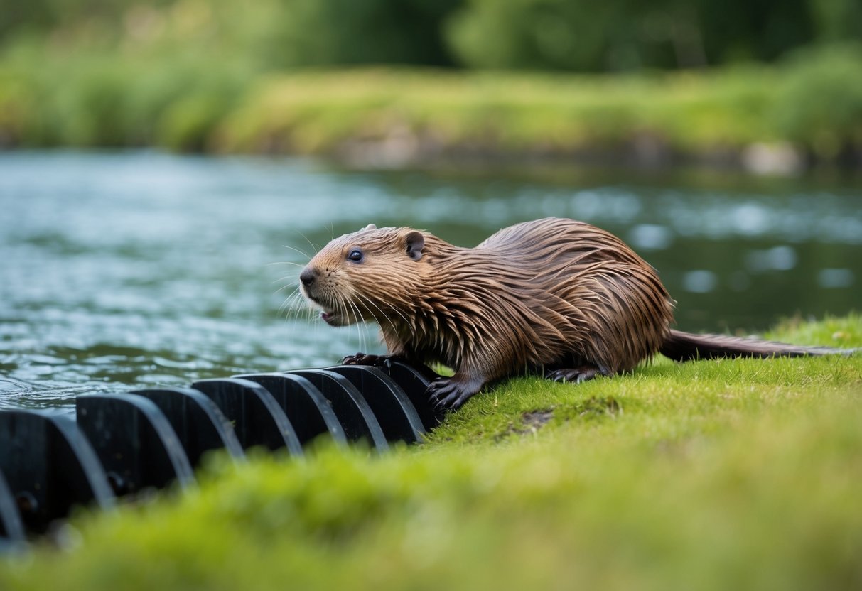 A beaver peacefully building a dam in a lush Scottish riverbank