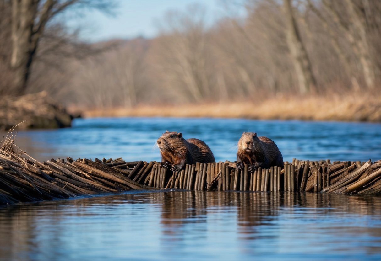 Beavers building dams along a tranquil river in the New England colonies