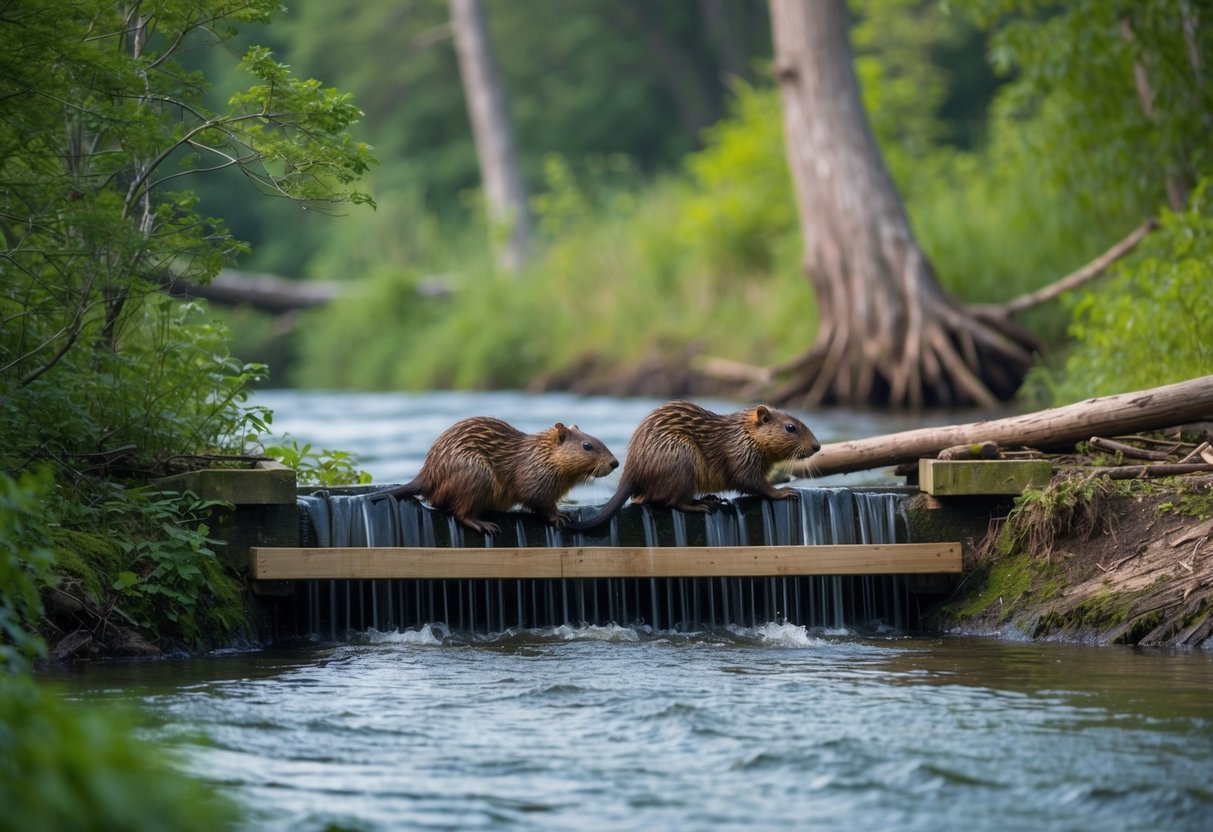 Beavers building a dam near a flowing river, surrounded by lush vegetation and trees with gnawed trunks
