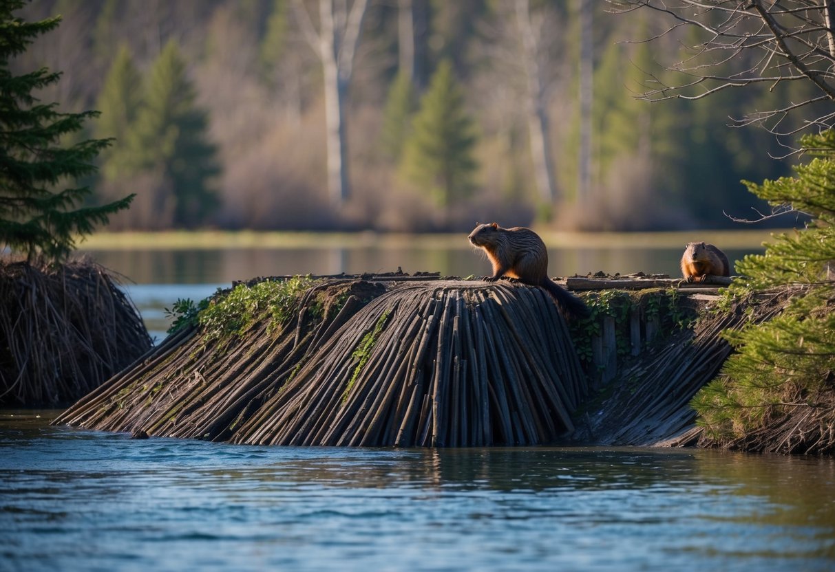 A beaver dam with surrounding trees and water, showcasing the beavers' attraction to building and maintaining their habitat