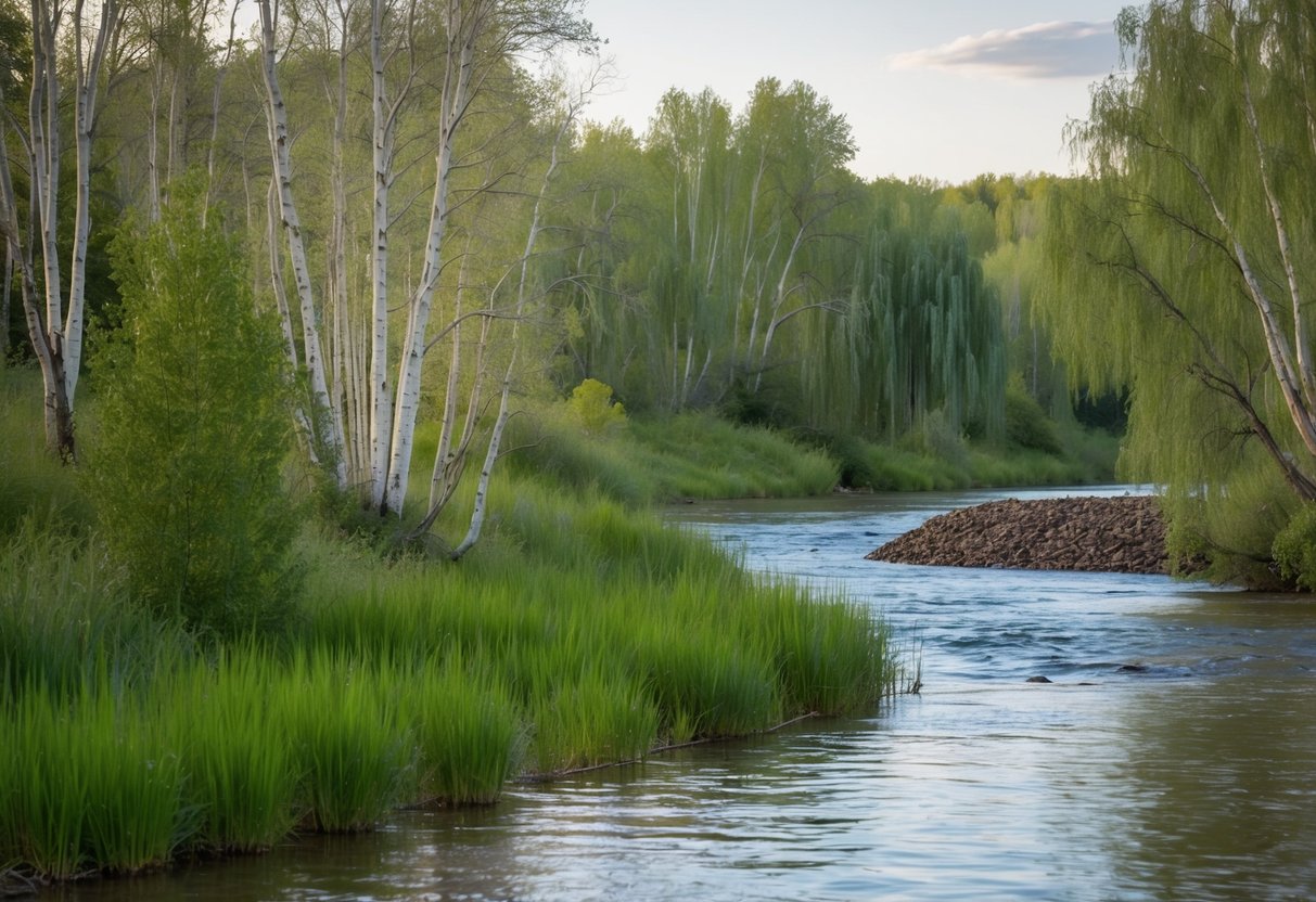 A tranquil riverbank with lush vegetation and a variety of trees, including aspen, willow, and birch, with a beaver dam in the background