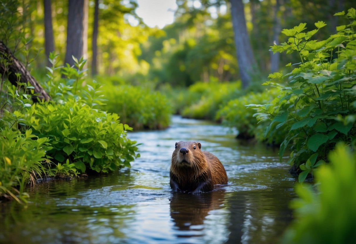 A tranquil stream with lush vegetation and an array of trees, showcasing beavers' preferred habitat and food sources
