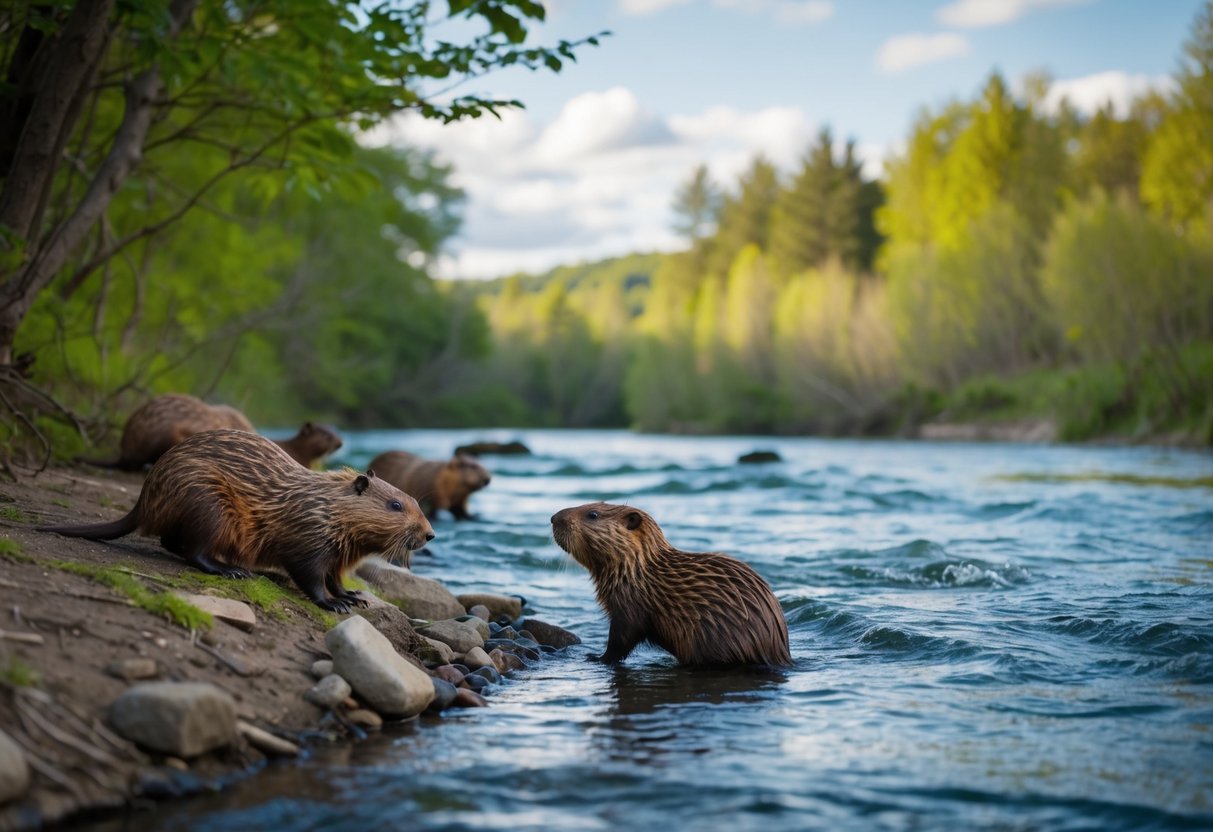 Beavers gather near a flowing river, drawn to the sound of rushing water and the sight of lush, leafy trees along the banks