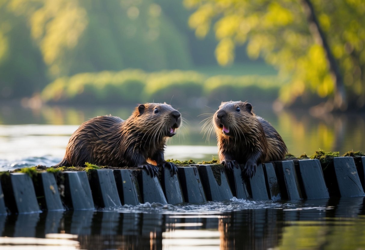 Beavers build a dam, using their strong teeth and powerful tails to cut down trees and create a structure to control water flow