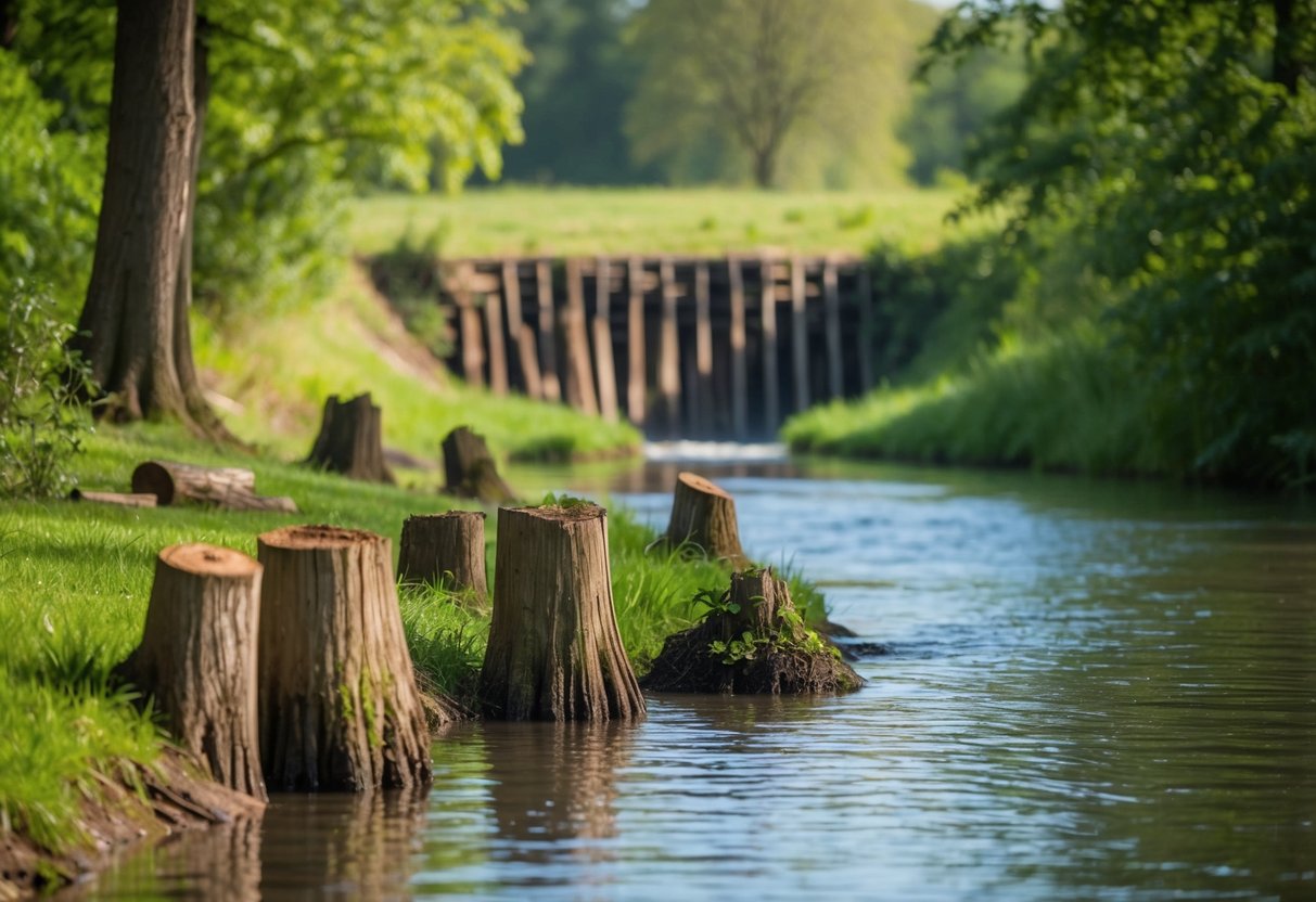 A lush, tranquil riverbank in the UK with gnawed tree stumps and a beaver dam in the background, indicating the presence of beavers in the past