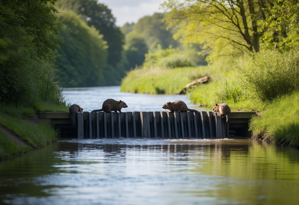 Beavers building a dam along a serene river in the UK, surrounded by lush greenery and native wildlife