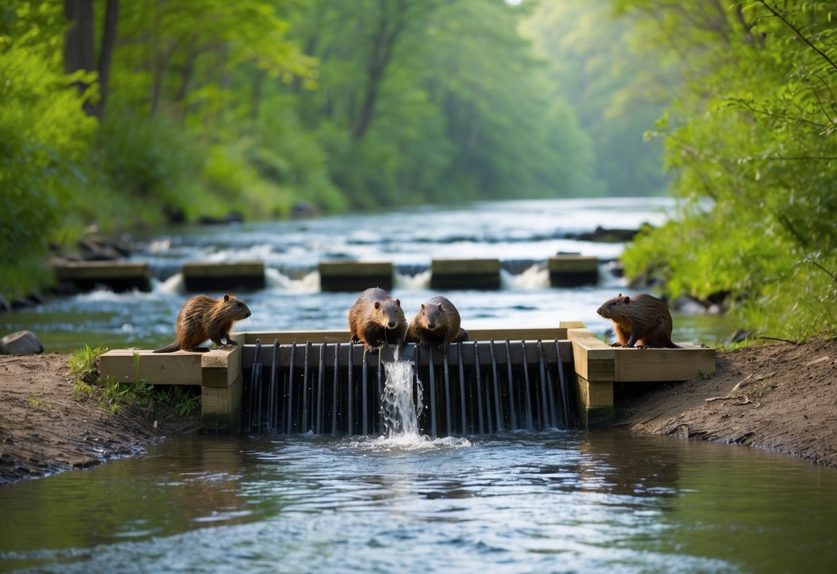 Beavers building a dam in a serene forest stream, surrounded by lush greenery and flowing water