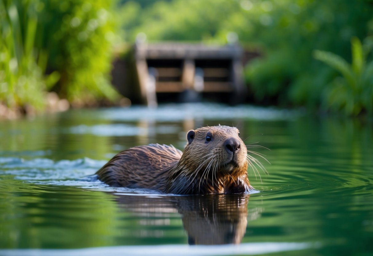 A beaver swimming in a tranquil river, surrounded by lush green vegetation and a small dam in the background