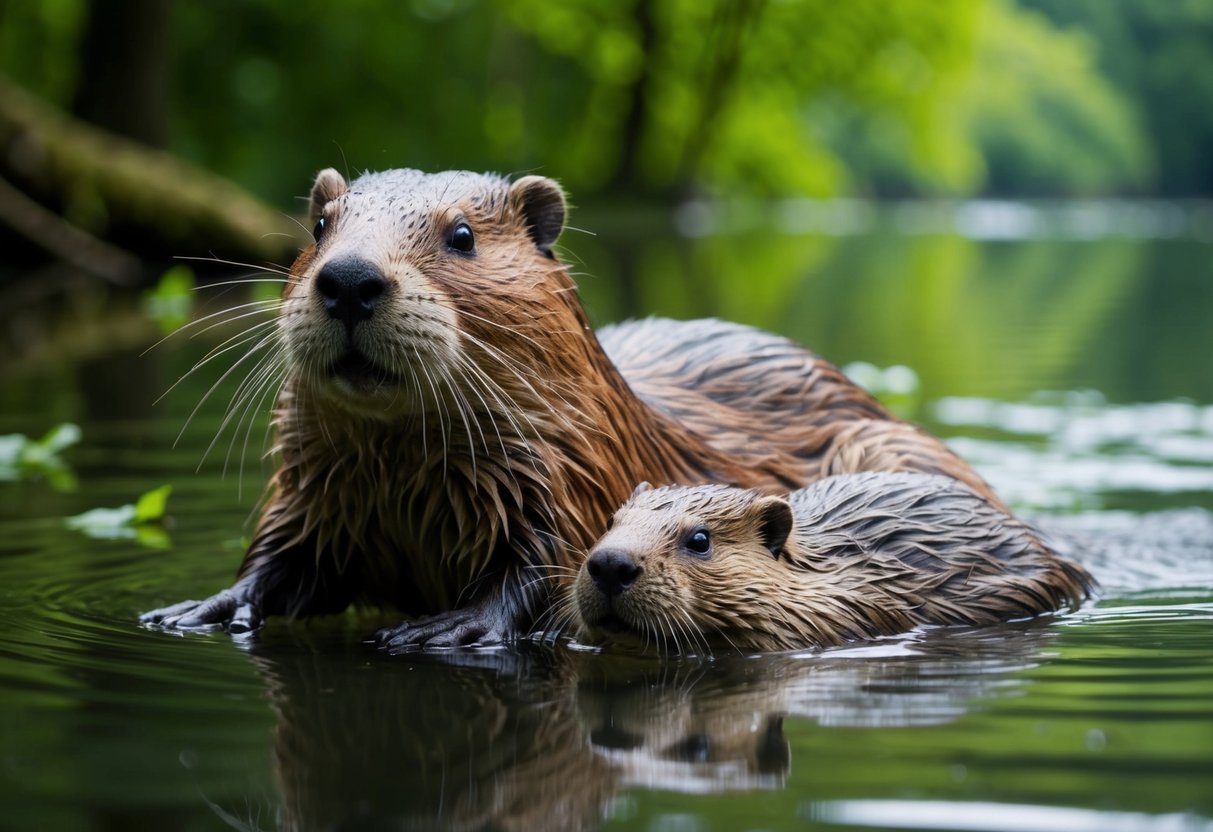 A female beaver, known as a "dam," swims alongside her young in a tranquil forest pond, surrounded by lush green trees and the sound of flowing water