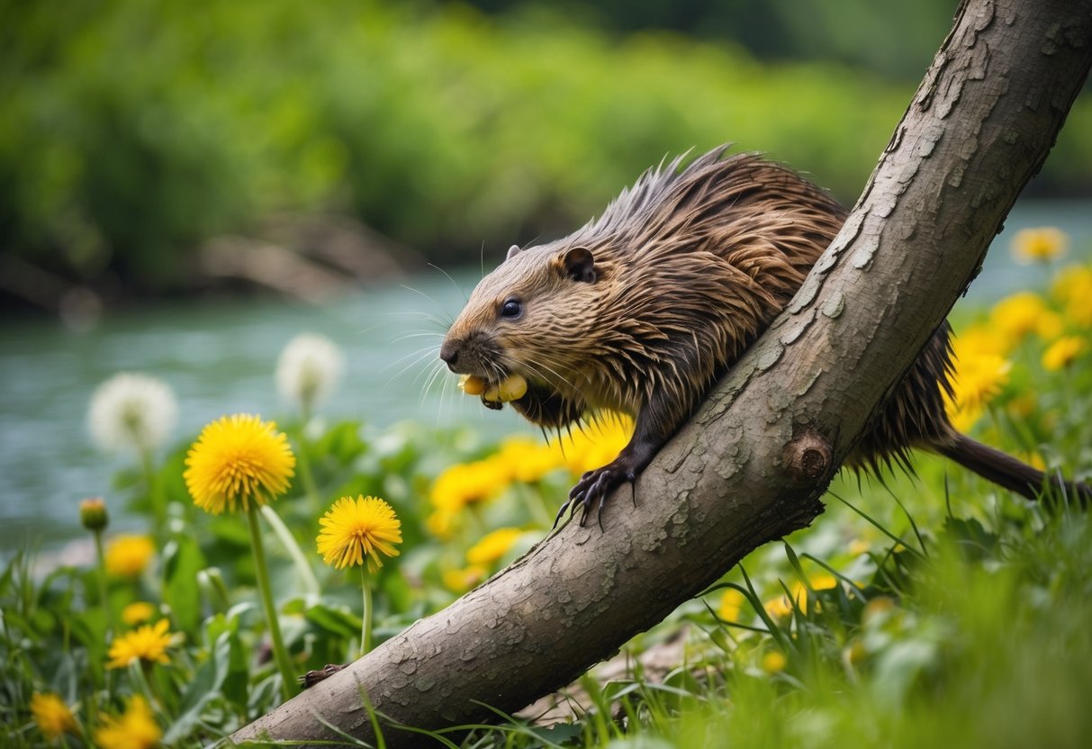 A beaver gnaws on a tree branch near a lush, green riverbank surrounded by dandelions and other wildflowers