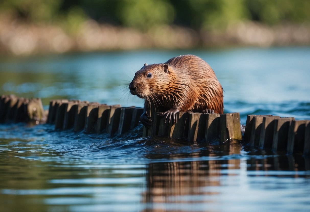 A beaver building a dam in a serene river setting