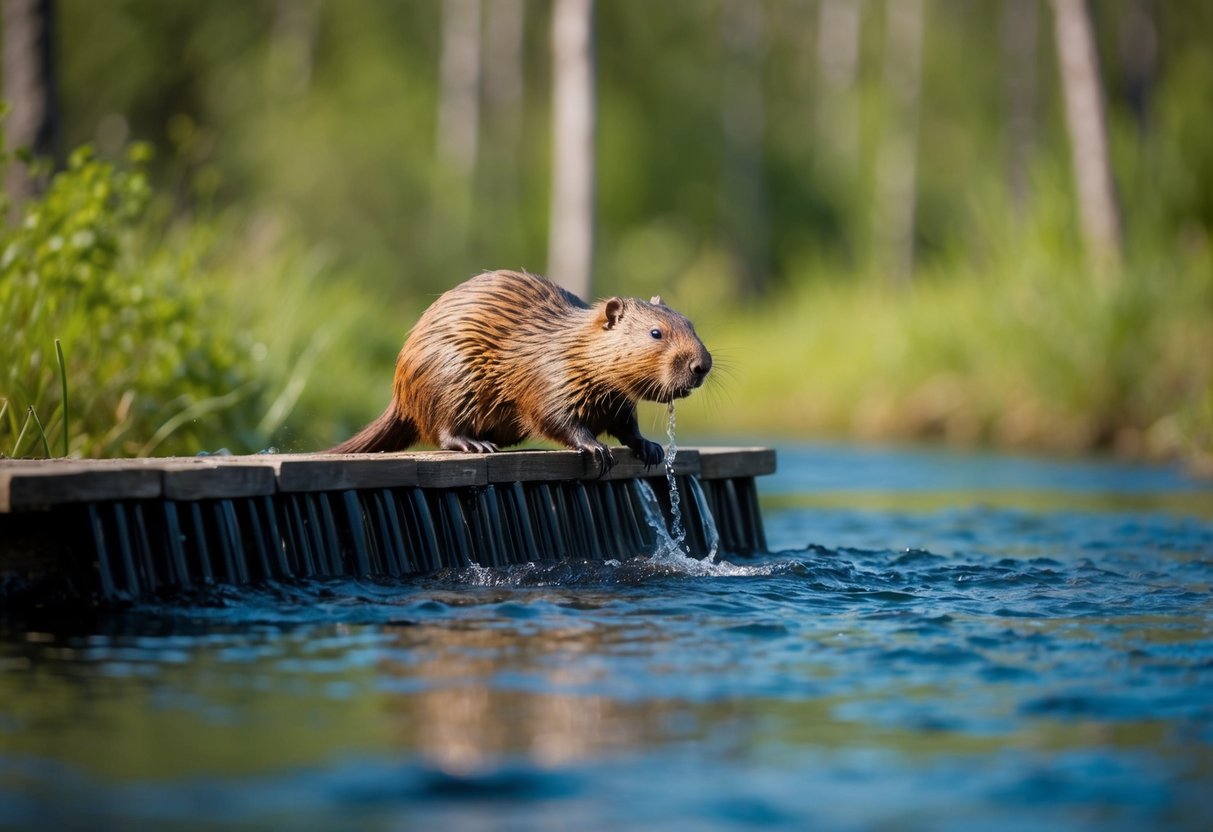 A beaver builds a dam in a serene forest stream