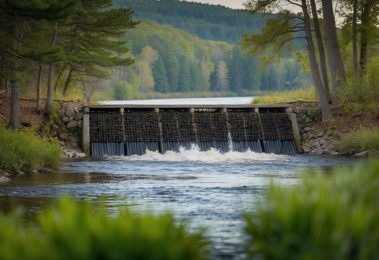 A beaver dam in a river, surrounded by trees and other wildlife