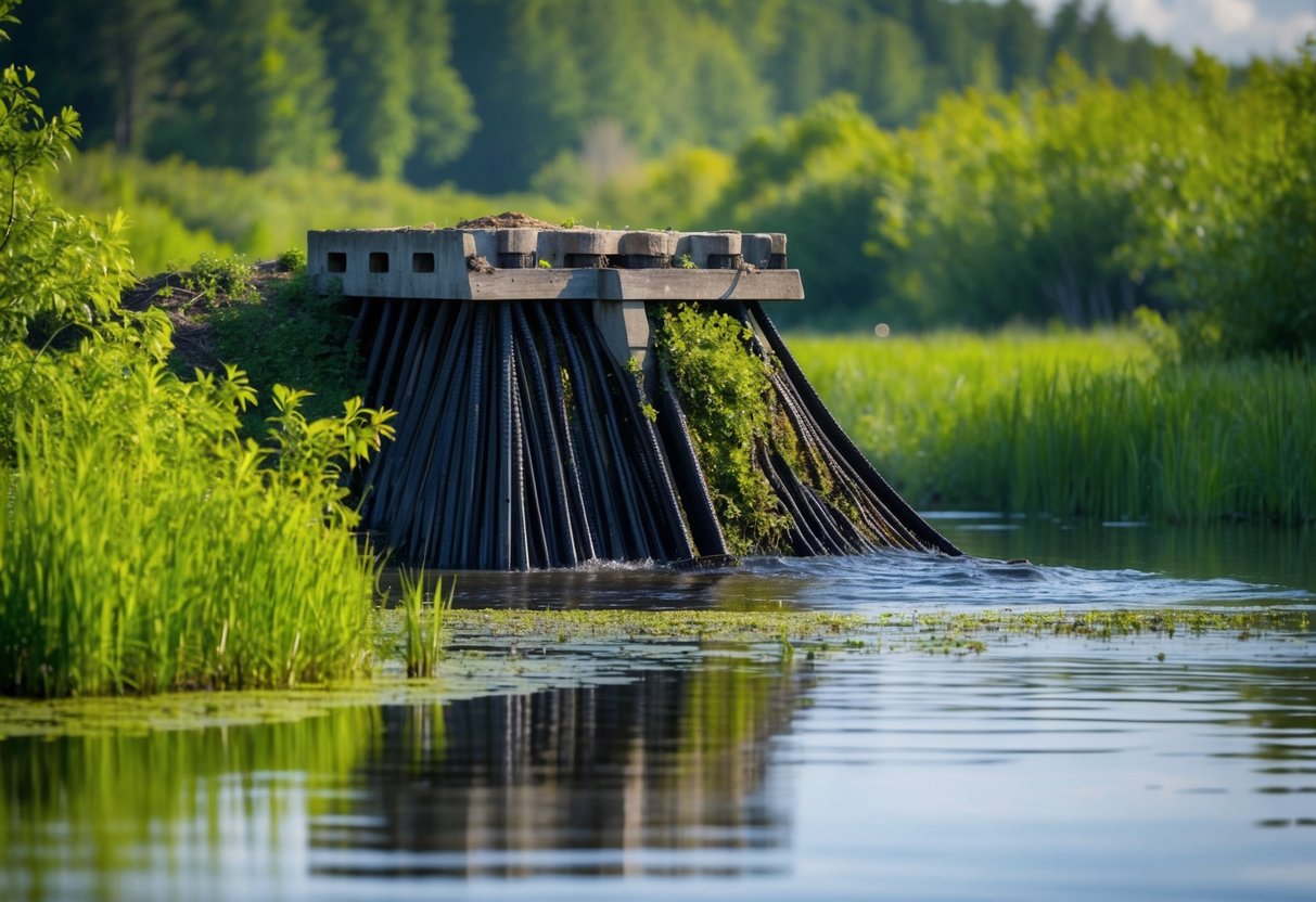A beaver dam stands tall amidst a lush, thriving wetland ecosystem, showcasing the positive impact of beavers on their environment
