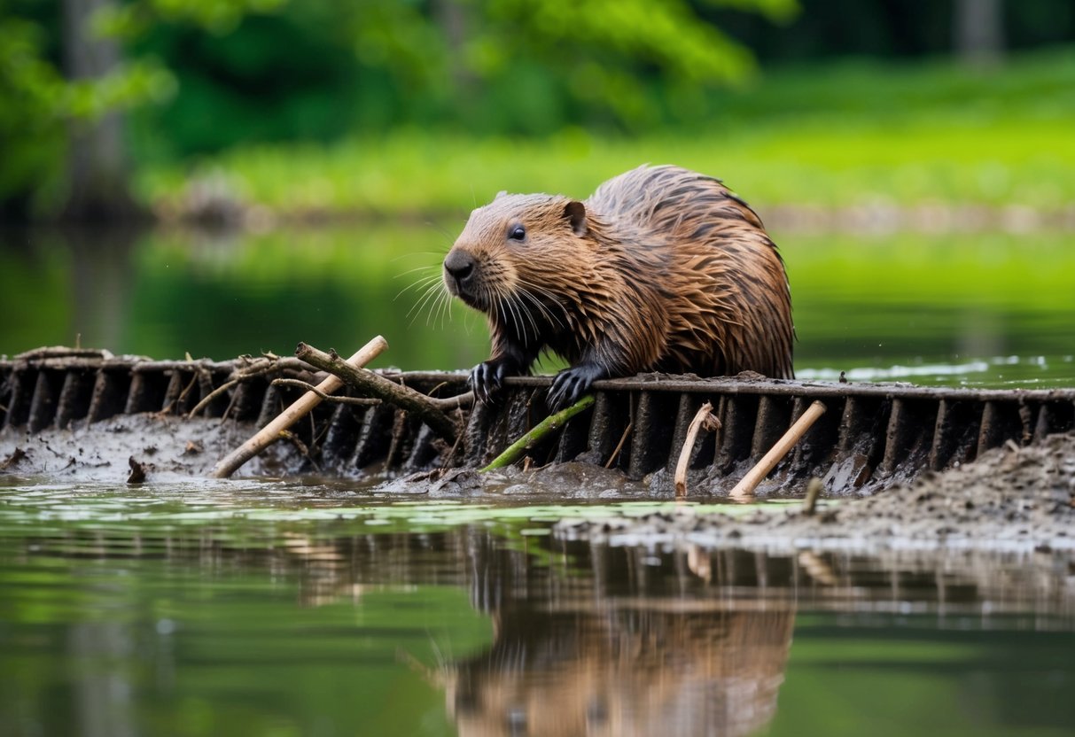 A beaver building a dam with tree branches and mud, surrounded by a tranquil pond and lush green trees