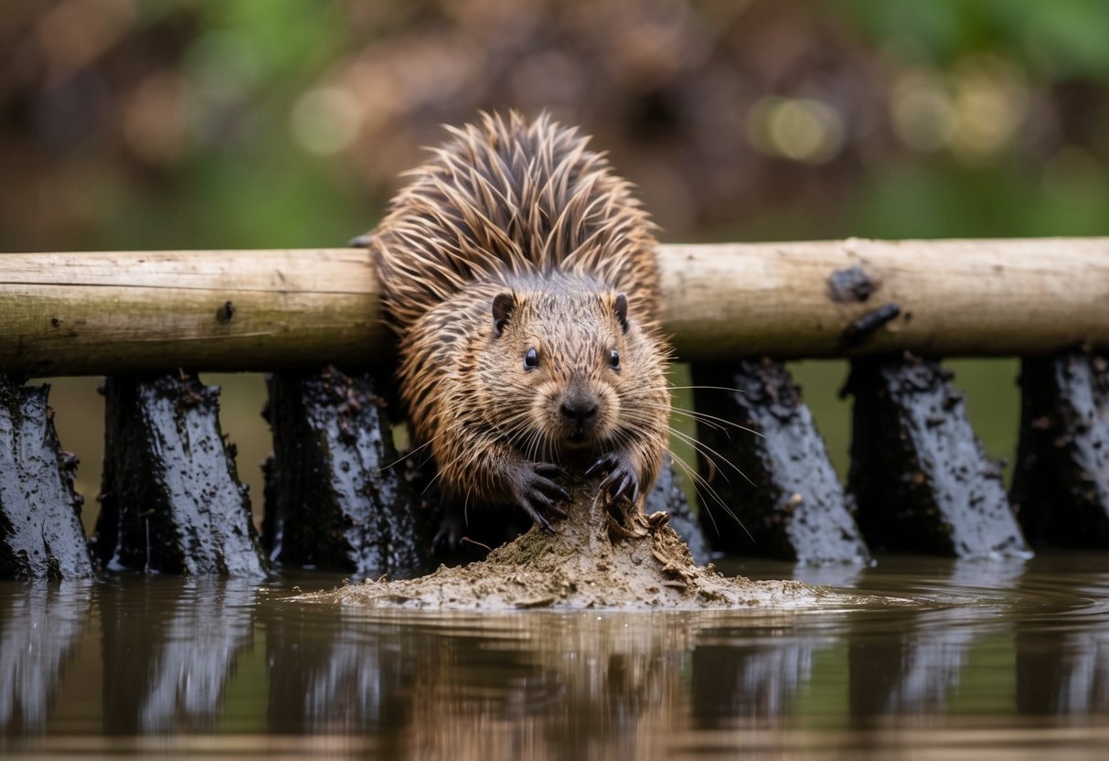 A beaver industriously building a dam with logs and mud