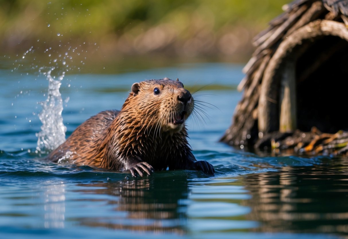 A startled beaver slaps its tail against the water, alerting nearby family members and diving for cover in the safety of its lodge