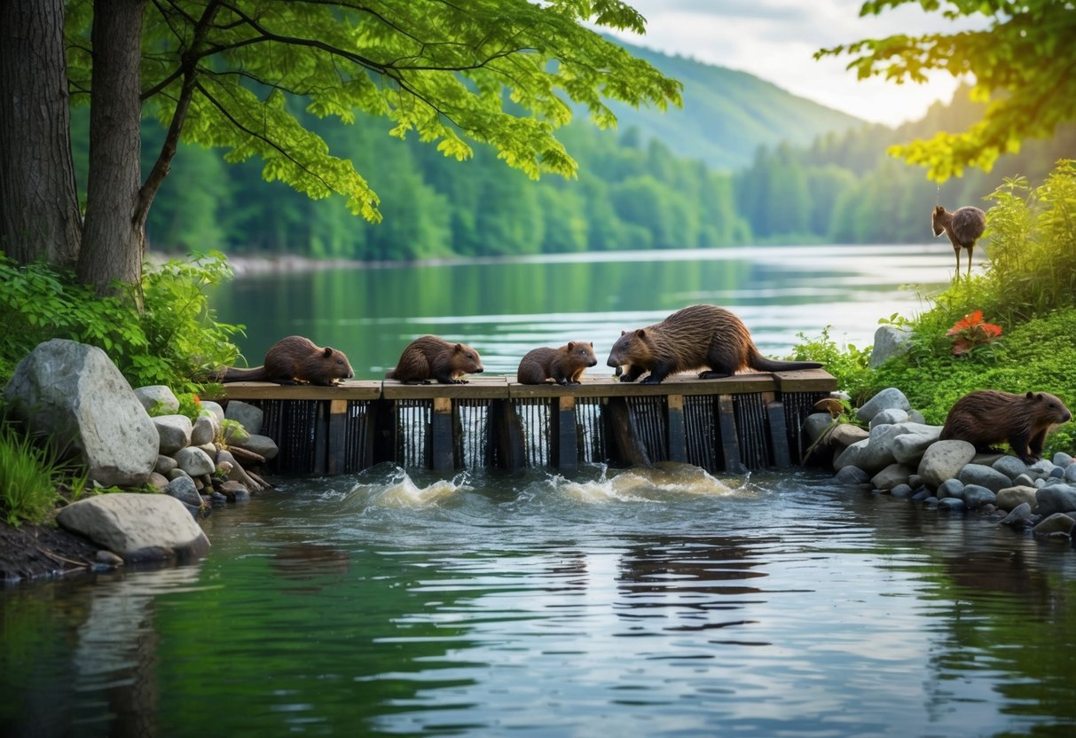 A beaver family, with parents and kits, building a dam near a tranquil river, surrounded by lush green trees and a variety of wildlife