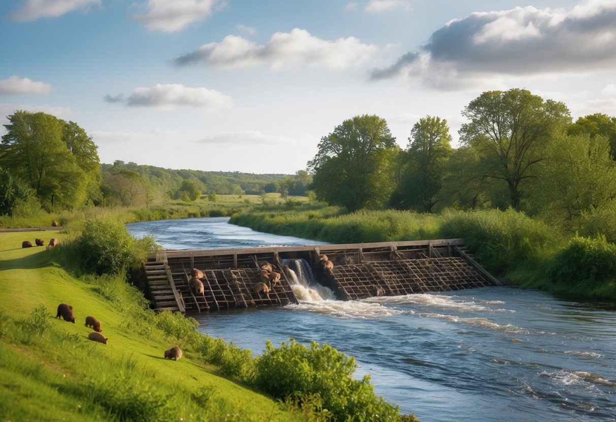 A lush countryside with a flowing river, surrounded by trees and vegetation. Beavers are busy building a dam, creating a habitat for various wildlife