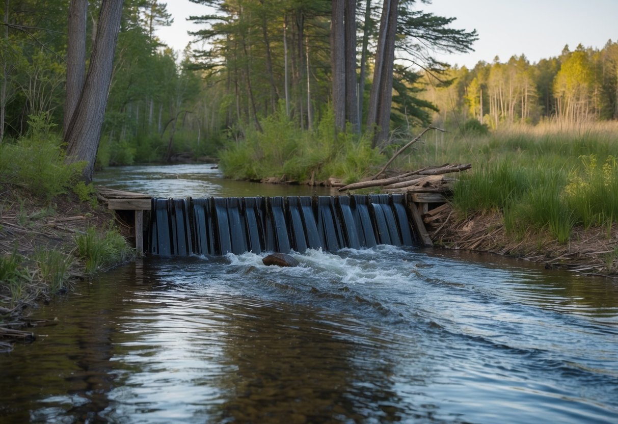 A beaver dam blocks a flowing stream, creating a calm pond. Surrounding trees show signs of gnawing, while nearby wildlife thrives