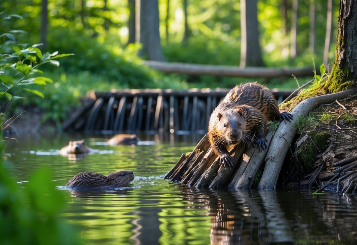 A beaver dam surrounded by lush forest, with a beaver gnawing on a tree trunk while others swim in a nearby pond