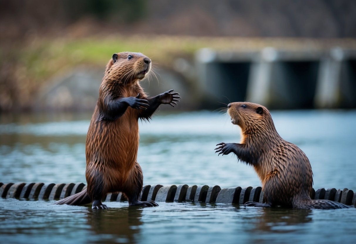 A male beaver standing near a dam, gesturing as if explaining something to another beaver