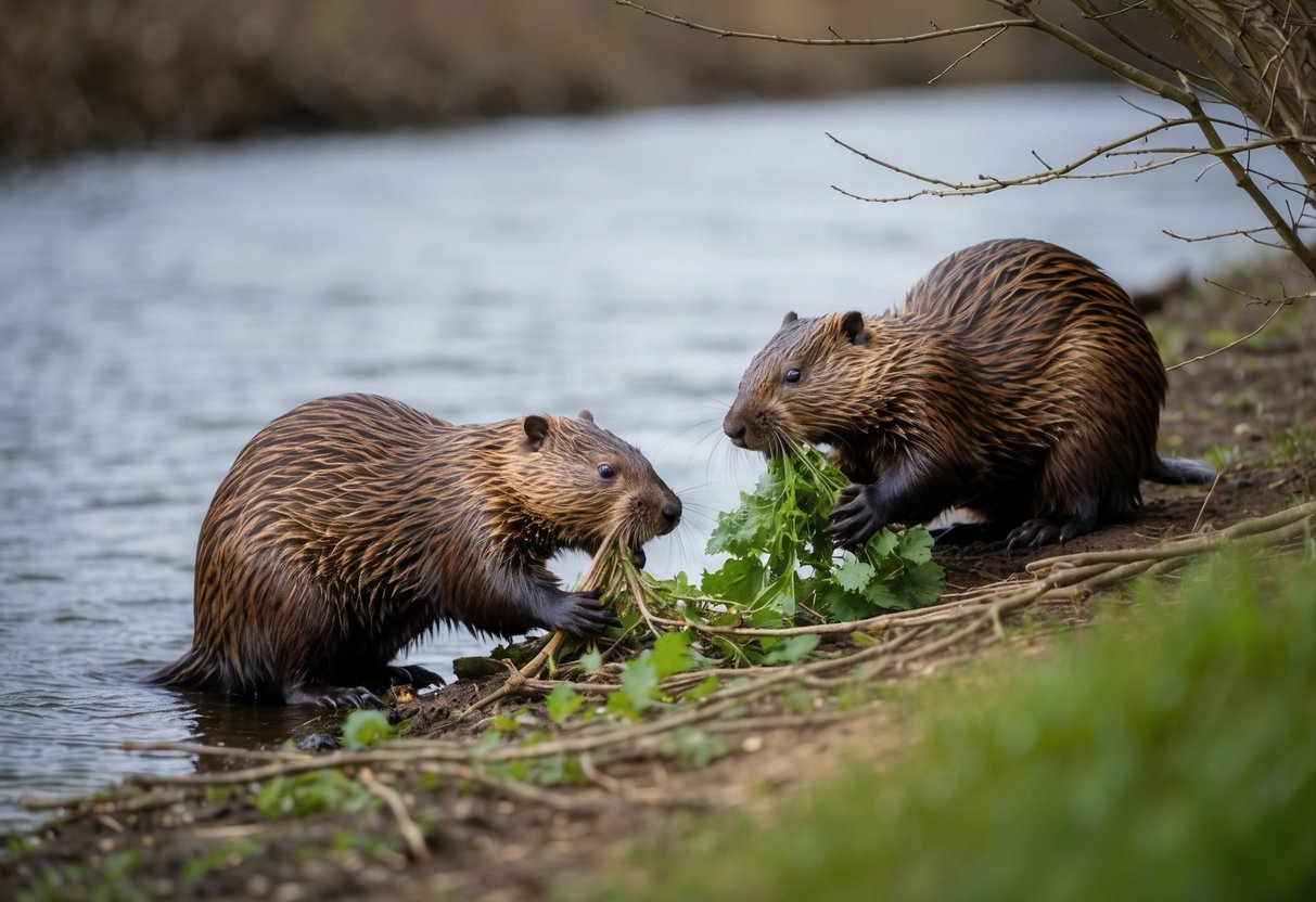 Beavers foraging for food near a riverbank in the UK, gnawing on branches and gathering vegetation to eat