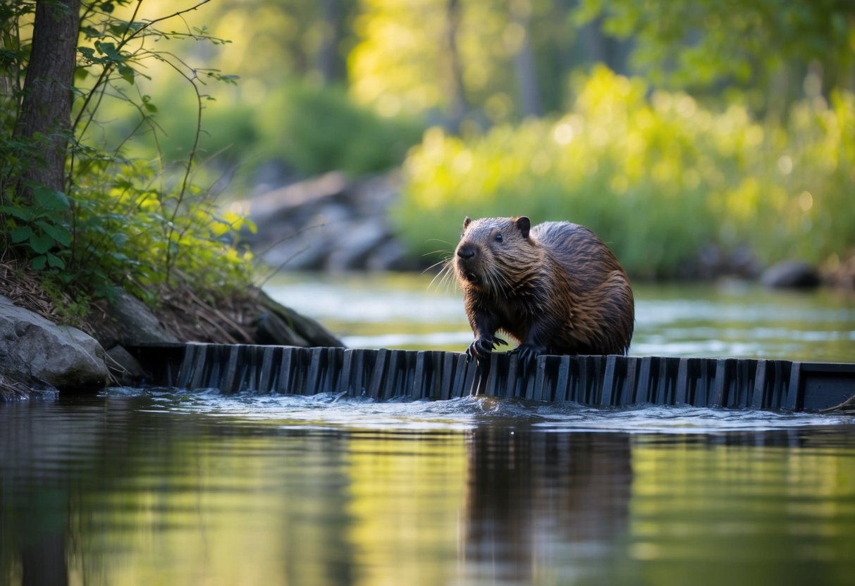 A male beaver, also known as a "boar," is depicted building a dam in a tranquil river setting, surrounded by lush trees and vegetation