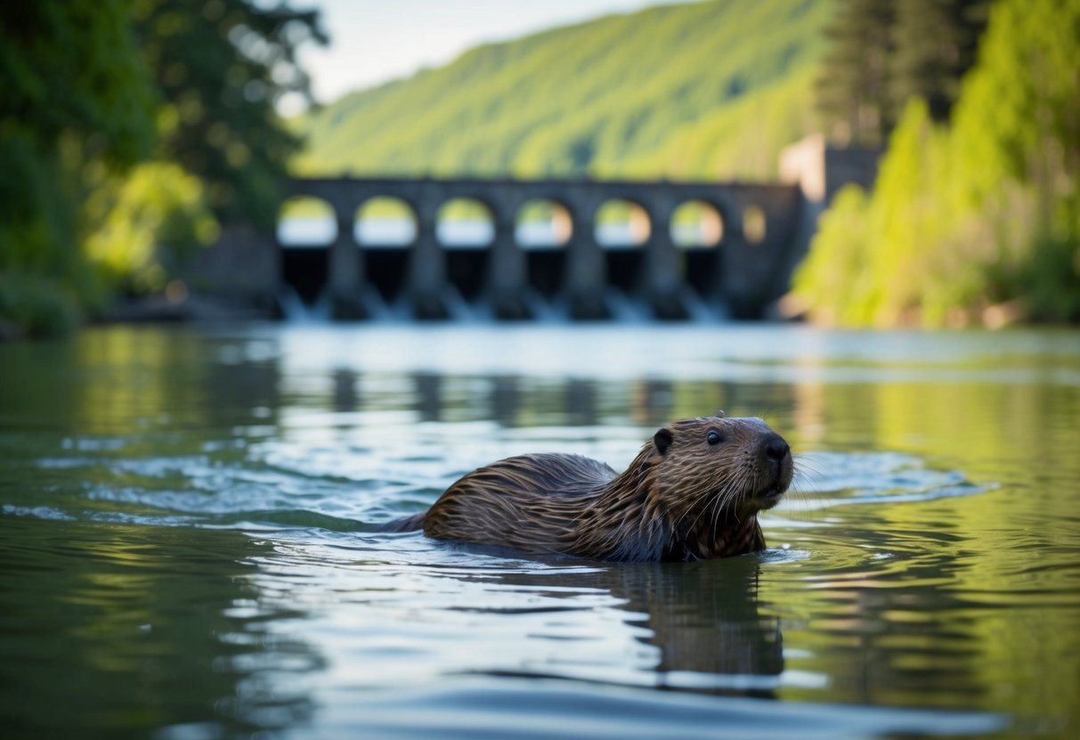 A beaver swimming in a tranquil river, surrounded by lush green trees and a historic dam in the background