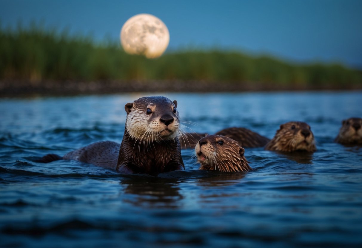 A sleek otter hunts beavers in a moonlit river