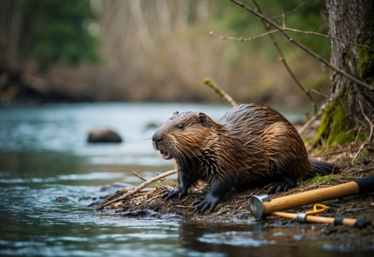 Beavers hunted in a forested riverbank setting, with a trapper's tools nearby