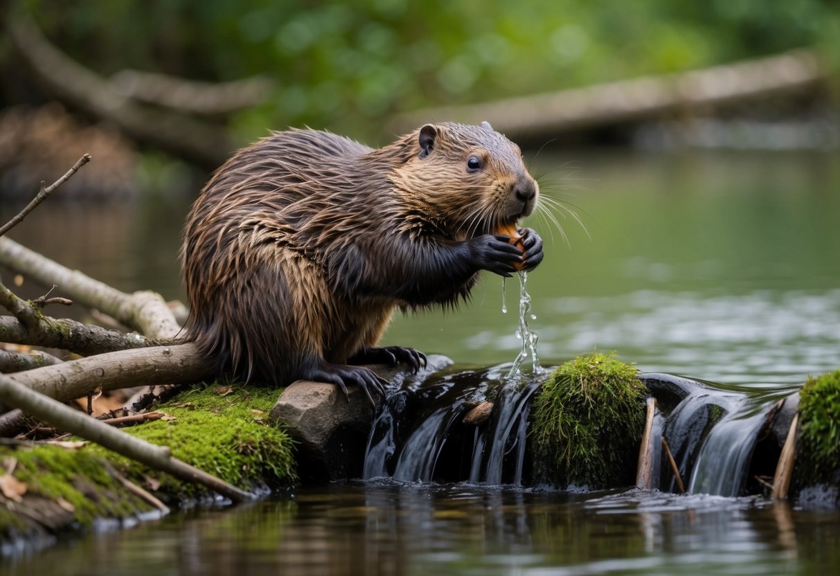 A beaver gnawing on a tree, surrounded by fallen branches and a dam in a tranquil stream
