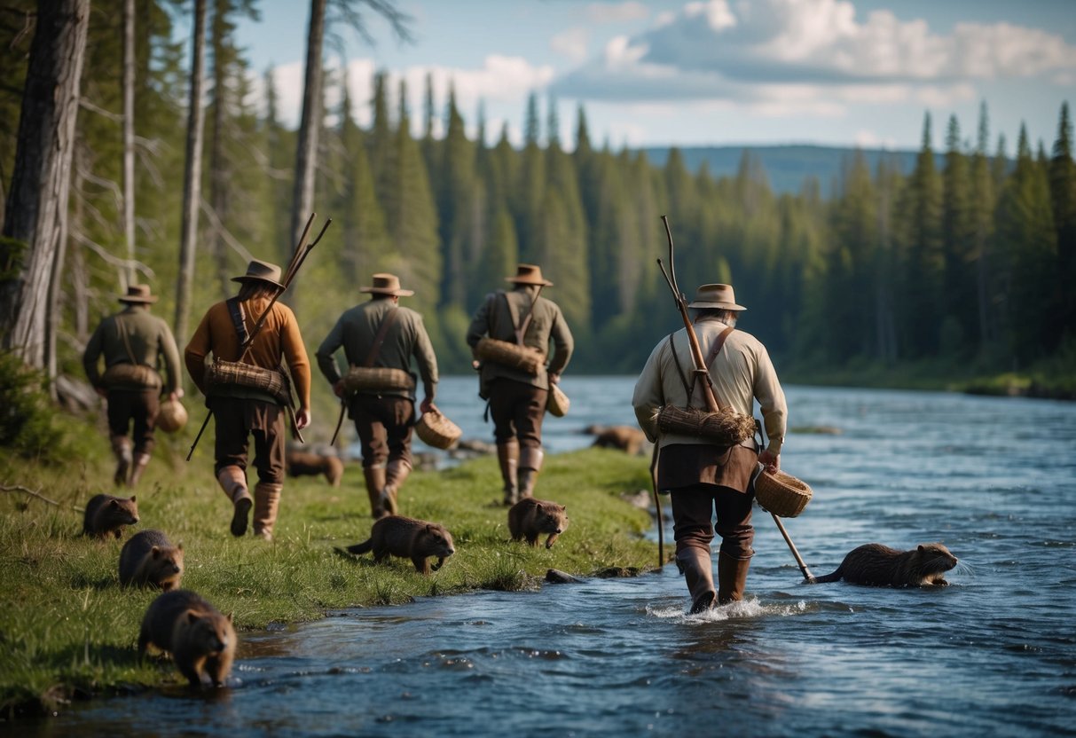 A group of ancient hunters tracking beavers through a dense forest near a river