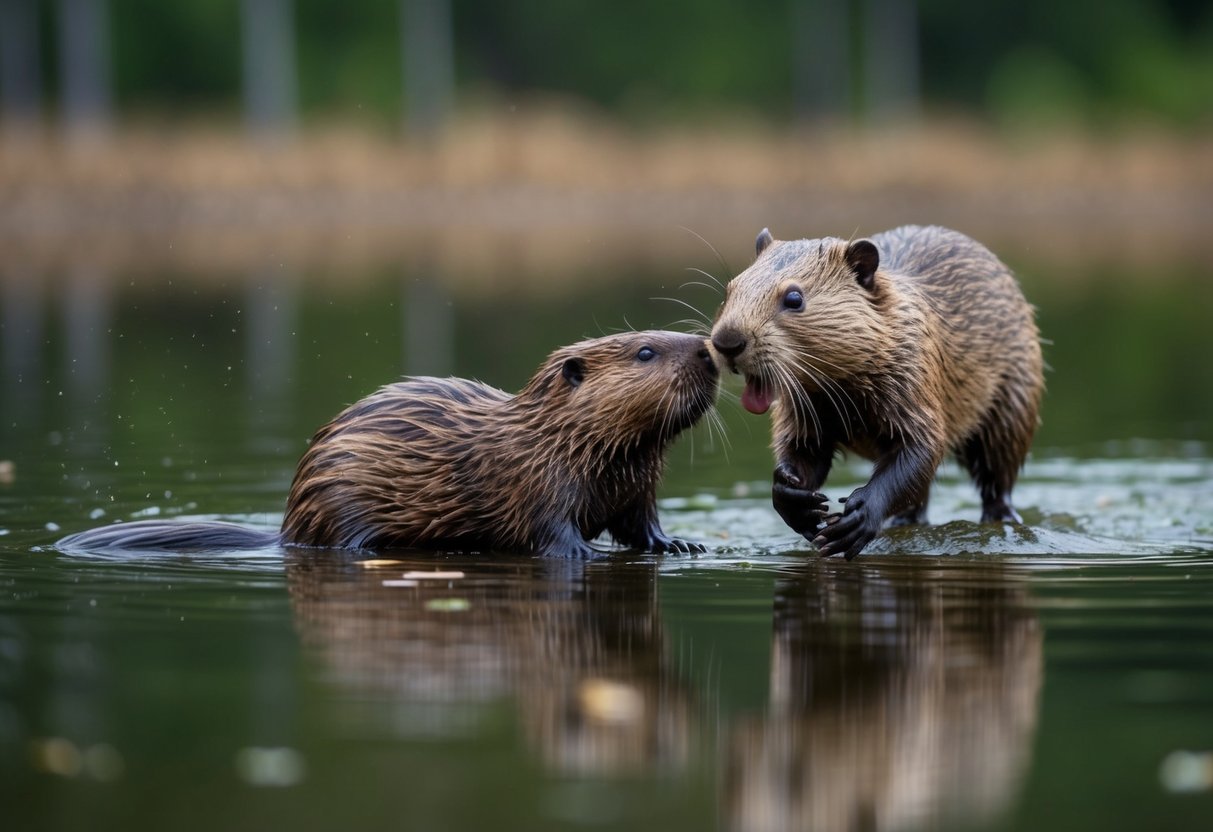 A beaver being hunted by a predator in a forested wetland