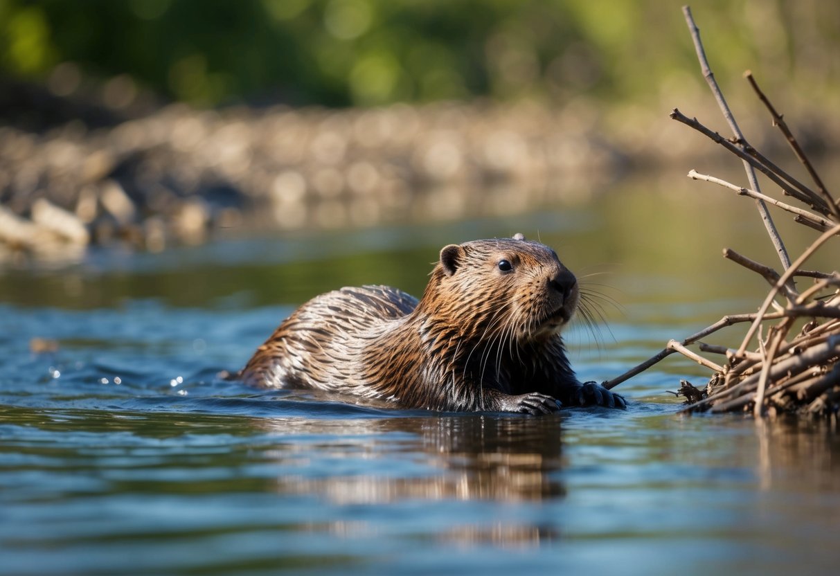 A beaver swims gracefully through a tranquil river, its sleek fur glistening in the sunlight as it gathers sticks and branches for its dam