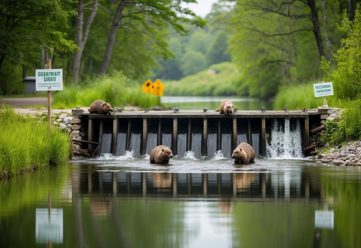 Beavers building a dam in a tranquil river setting, surrounded by lush greenery and signs of conservation efforts
