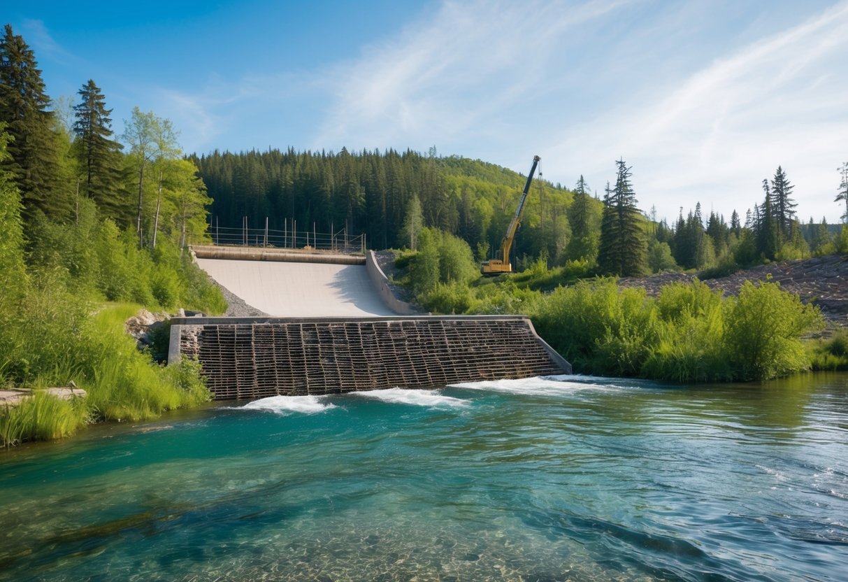 A beaver dam surrounded by clear, flowing water, lush vegetation, and a variety of trees. A looming construction site encroaches on the natural habitat