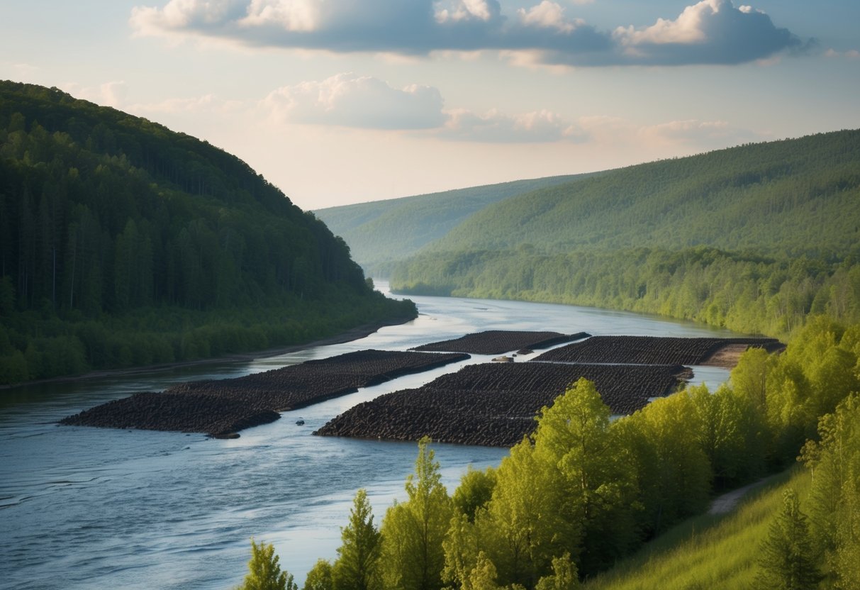 Beavers building dams in a lush, forested river valley, altering the landscape. A looming shadow of deforestation in the distance