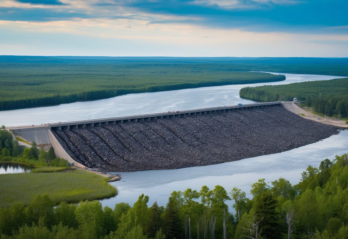 A massive beaver dam stretches across a wide river, surrounded by lush forests and wetlands. The largest beaver in the world, with its impressive size, is seen busily working on the dam