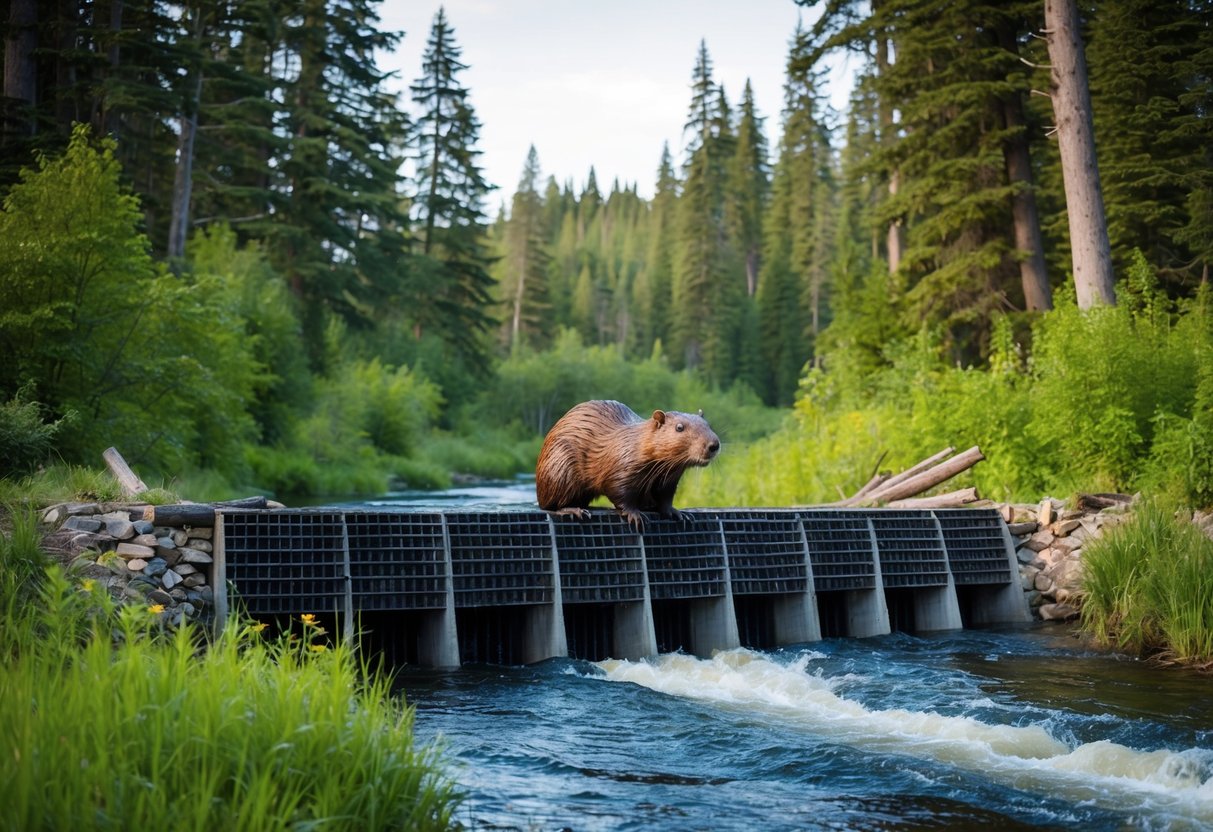 A massive beaver builds a dam in a lush, untouched forest, surrounded by towering trees and a flowing river