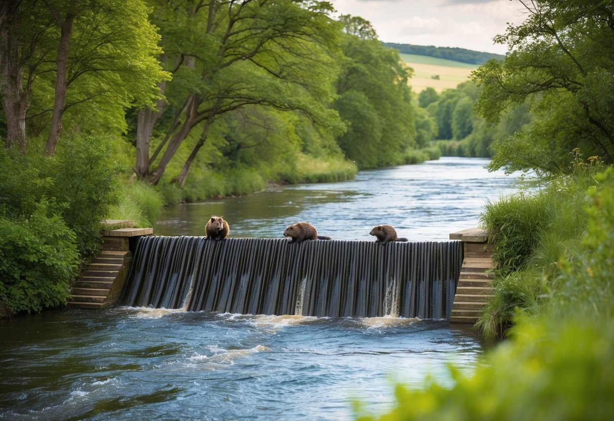 Beavers build a dam on the River Wye, surrounded by lush green trees and flowing water