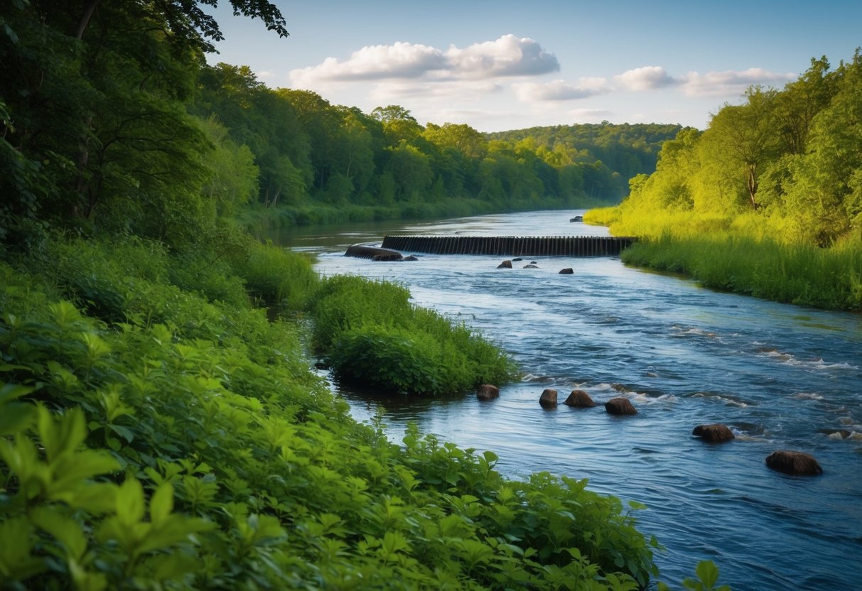 A lush riverbank with dense vegetation and a winding river, where beavers can be seen building dams and creating a thriving ecosystem