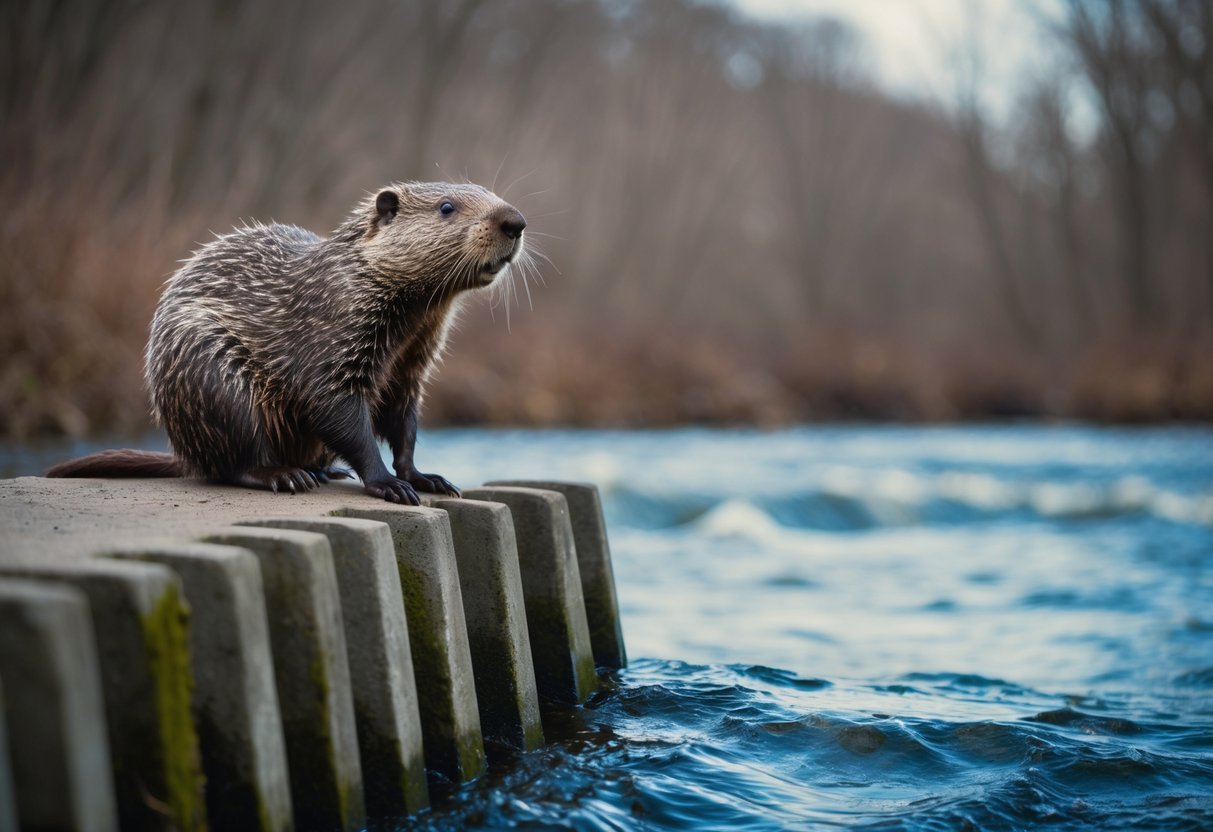 A wise beaver, with graying fur and a weathered expression, sits atop a dam, surveying the flowing river below