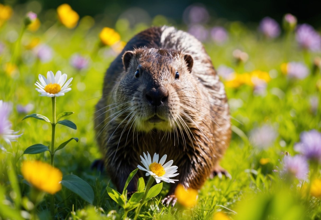 A beaver sniffs a fragrant flower in a lush, sunlit meadow