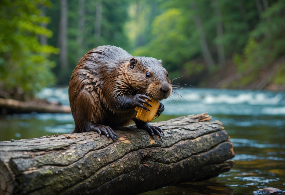 An ancient beaver gnawing on a fallen tree trunk, surrounded by a lush forest and a flowing river
